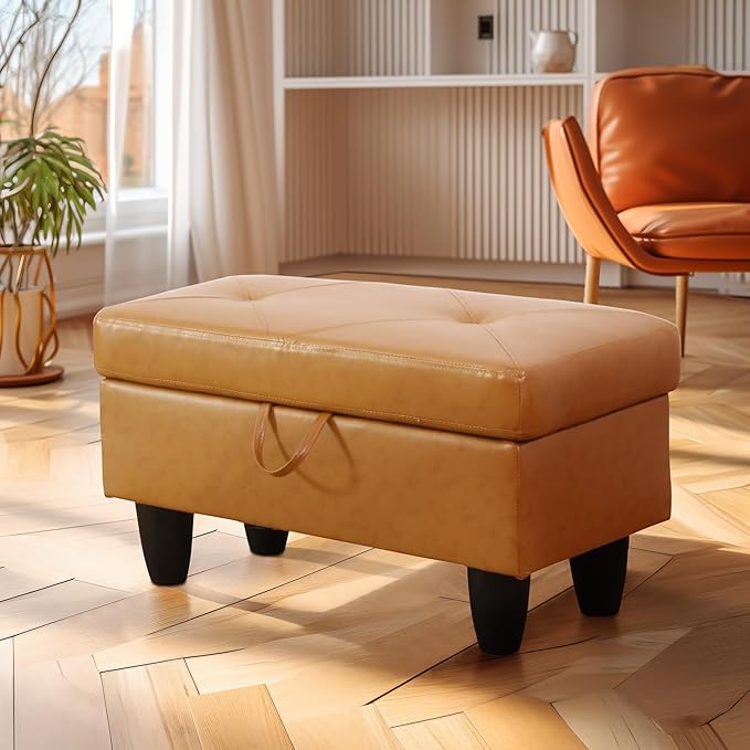 Ottoman Rectangular Storage Ottoman Bench, Faux Leather Footrest, Coffee Table, Stool Footstool with Hinged Lid for Living Room, Bedroom, Entryway, Orange, 28.5"x19"x17.5"-Ruum Studio Home