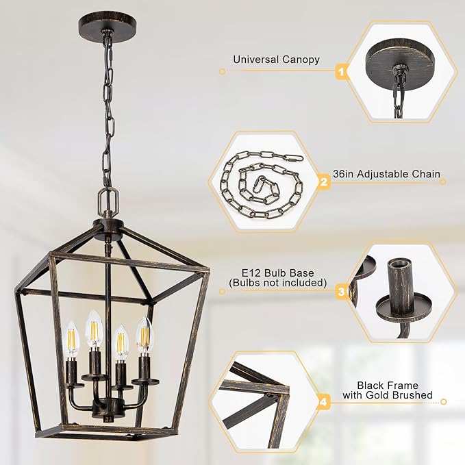 4 Light Chandelier Lighting, Industrial Ceiling Light Black Lantern with Brushed Gold, Geometric Metal Hanging Light Fixture with Adjustable Chain, E12 Base for Entryway Kitchen Island, Indoor Use-Ruum Studio Home