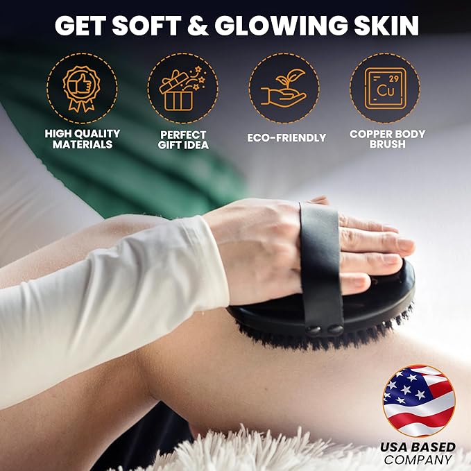 Copper Body Brush - Dry Brushing Body Brush with Ion Charged Copper Bristles, Glowing Skin, Lymphatic Drainage and Blood Circulation Improvement-Ruum Studio Home