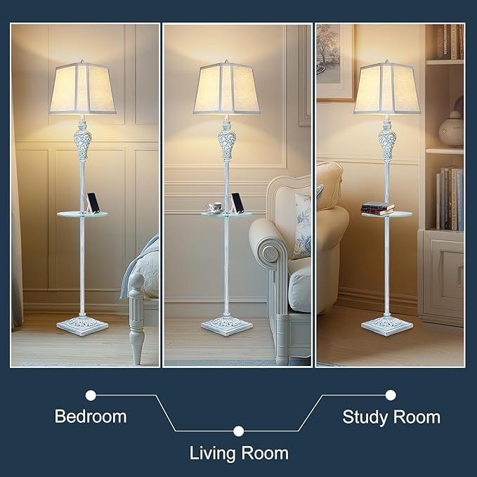 Vintage Floor Lamp with Night Light and Glass Tray, 65" High Retro Standing Lamp with Washed Blue Finish and White Linen Shade, Farmhouse Tall Lamp Decor for Living Room Bedroom House (Bulb Included)-Ruum Studio Home