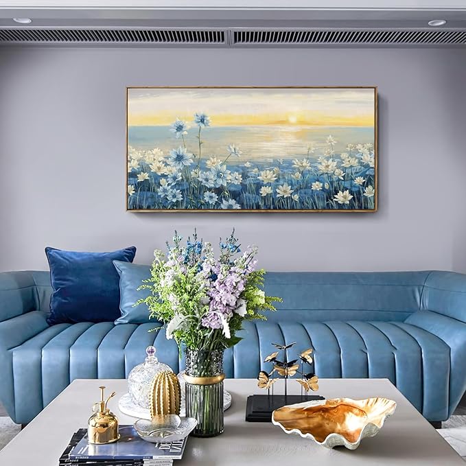 Large Framed Wall Art for Living Room Bedroom Office Decor, Modern Beach Canvas Wall Art Coastal Ocean Nature Blue Artwork Floral Sunrise/Sunset Zen Landscape Flower Wall Picture 48x24“-Ruum Studio Home