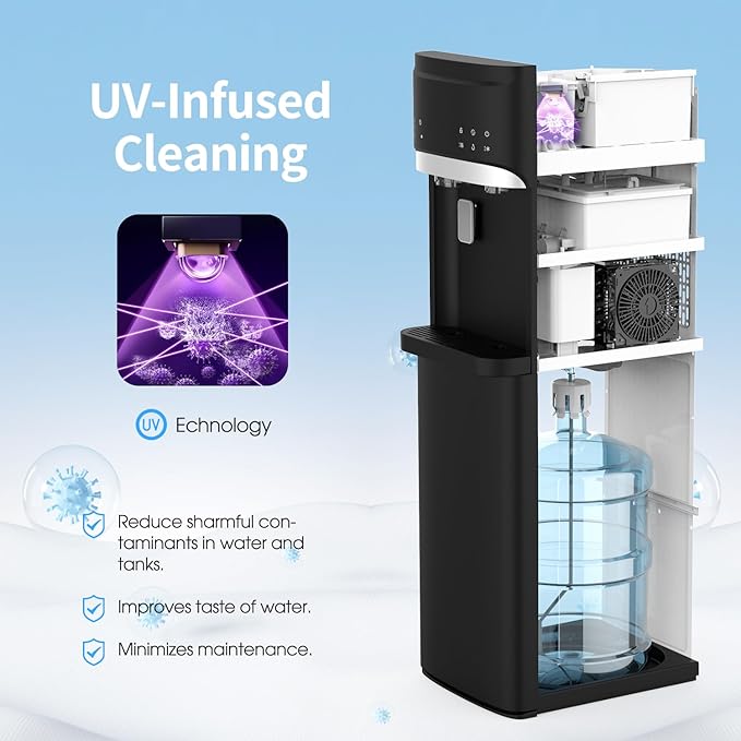 Self Cleaning Hot and Cold Bottom Load Water Cooler Dispenser with Ice Maker for 5 Gallon 3 Temperature Settings 22lbs Daily Capacity Black-Ruum Studio Home