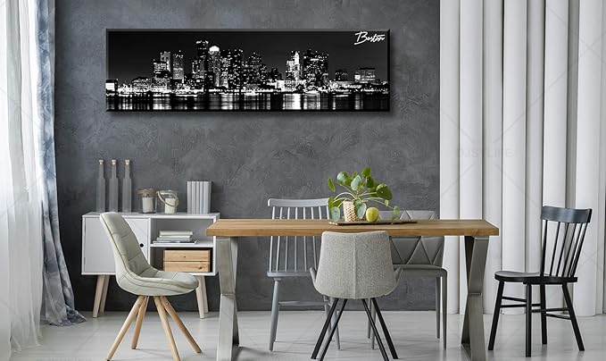 DJSYLIFE Boston Skyline Wall Art Canvas Wall Art Black and White Modern Panoramic Cityscape Pictures Paintings for Bedroom Office Decor, Ready to Hang 13.8"x47.3"-Ruum Studio Home