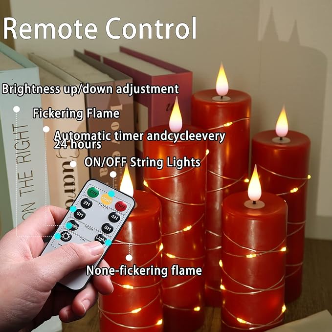Red Flameless Candle with Remote Control LED Candle with String Lights Battery Powered Flameless Candle4'' 5'' 6'' 7'' 8'' Candles of 5 Pcs-Ruum Studio Home