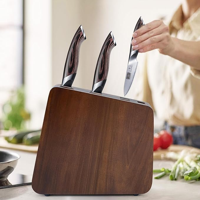 Magnetic Knife Block 10 x 9 Inches, Double Sided Magnetic Knife Holder and Kitchen Knife Organizer Storage, 7 Slots Acacia Wood Universal Knife Block for Chefs-Ruum Studio Home