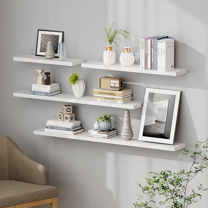 SAUMONIERES Floating Shelves 8 Inch Deep Solid Wood Wide Wall Shelf Set of 2 Wall Mounted for Bedroom Bathroom Living Room Kitchen, 24 Inch White-Ruum Studio Home