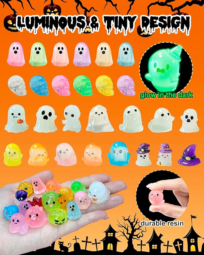 72 Pcs Halloween Mini Resin Animals Figures Kit - Luminous Tiny Resin Figurines Accessories, Glow in The Dark Miniature Ghost Figurines for Halloween Party, Micro Landscape, Tabletop Decor-Ruum Studio Home