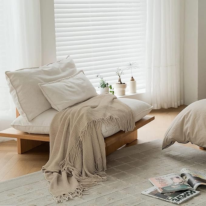lifein Throw Blanket for Couch, Soft Boho Decor Bed Throw,Cozy Beige Knitted Chenille Small Farmhouse Lightweight Throw for Spring(Beige,60 * 80")-Ruum Studio Home