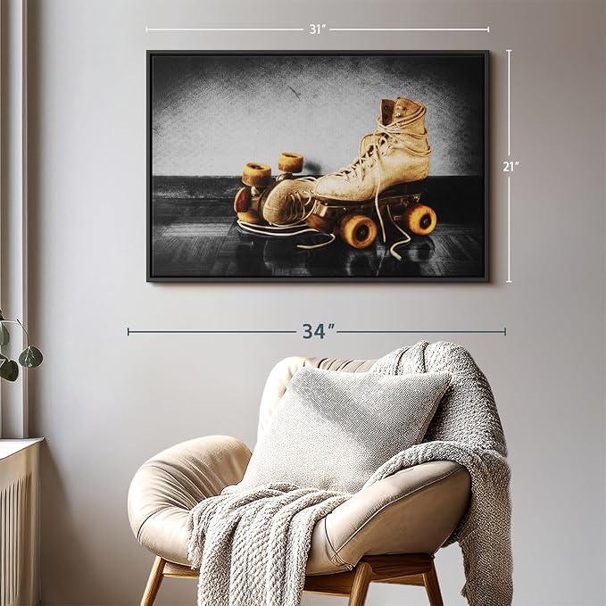 ElephantStock Vintage Skates Pop Wall Art - Horizontal Framed Canvas - 1-Piece Living Room Wall Decor - Sport Photography Canvas Print - Beige and Black Decor for Wall - 31" X 21"-Ruum Studio Home