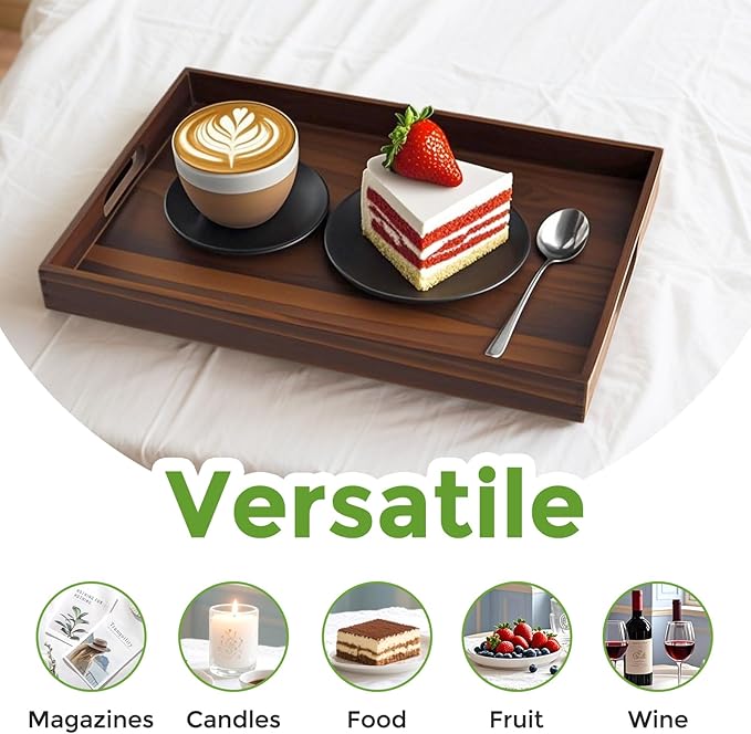 Acacia Wood Serving Tray with Handles, 17 Inch Wooden Tray for Ottoman, Breakfast, Lunch, Dinner, Decorative Rectangular Tray for Living Room, Kitchen Counter, Outdoor-Ruum Studio Home