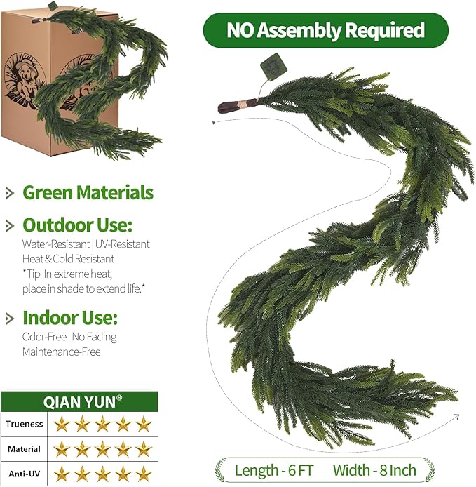 6FT Artificial Norfolk Pine Garland – Real Touch Greenery Garland, Dense Green Plants for Indoor Outdoor Christmas, Holiday, and Home Decoration (2, 6FT-)-Ruum Studio Home