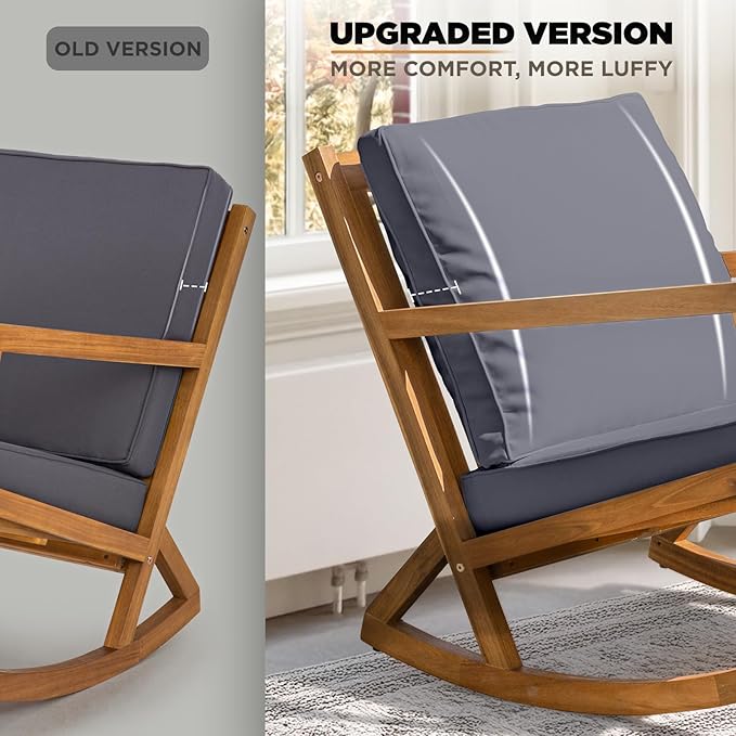 IDZO Premium Club Rocking Chair 500lbs Capacity with Inclined Backrest, Thick Foam Cushion, Solid Acacia Wood Rocker for Patio, Backyard, Balcony, Porch-Ruum Studio Home