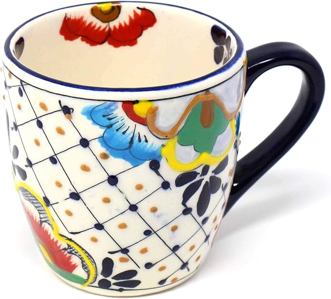 Encantada Handmade Hand-Painted Authentic Mexican Pottery Mugs (1-Pack, Dots & Flowers)-Ruum Studio Home