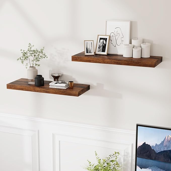 24 x 9 Floating Shelves, 9 Inch Deep Floating Shelf Wall Mounted, 24 Inch Bathroom Shelves Set of 2, Rustic Wood Wall Shelf for Bedroom, Living Room, Rustic Brown Color-Ruum Studio Home