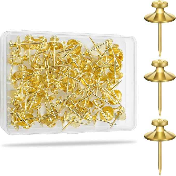 KURUI 60-Pack Metal Push Pins for Wall Hanging Decor, Renter Friendly Hooks for Bedroom Office Gallery Dorm Home, Double Headed Thumb Tacks for Tapestry/Canvas/ Picture Frame/Art, Gold Picture Hangers-Ruum Studio Home