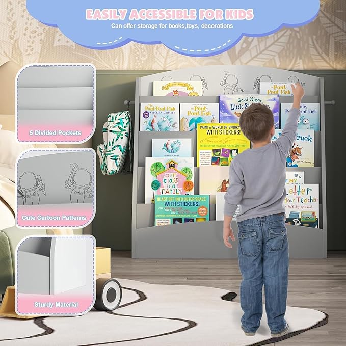 5-Tier Kids Bookshelf Montessori Toddler Book Rack Baby Bookcase Floor Front Facing Magazine Display Shelf for Bedroom Playroom Nursery Classroom Kindergarten Wood (Gray)-Ruum Studio Home