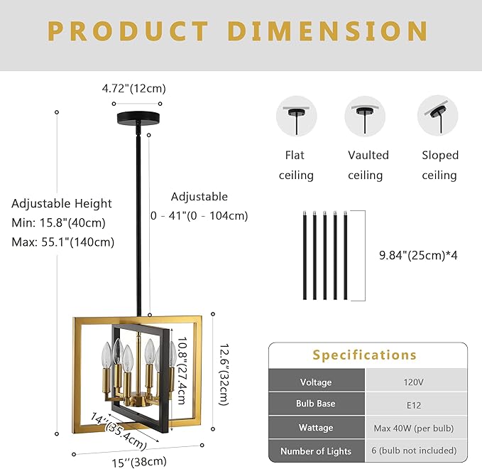 ANKYLHUA Small Black Gold Chandelier,6-Lights Ceiling Light Fixture E12,Adjustable Hight Pendant Lights Kitchen Island,Chandeliers for Dining Room Bedroom,Entryway,Foyer-Ruum Studio Home