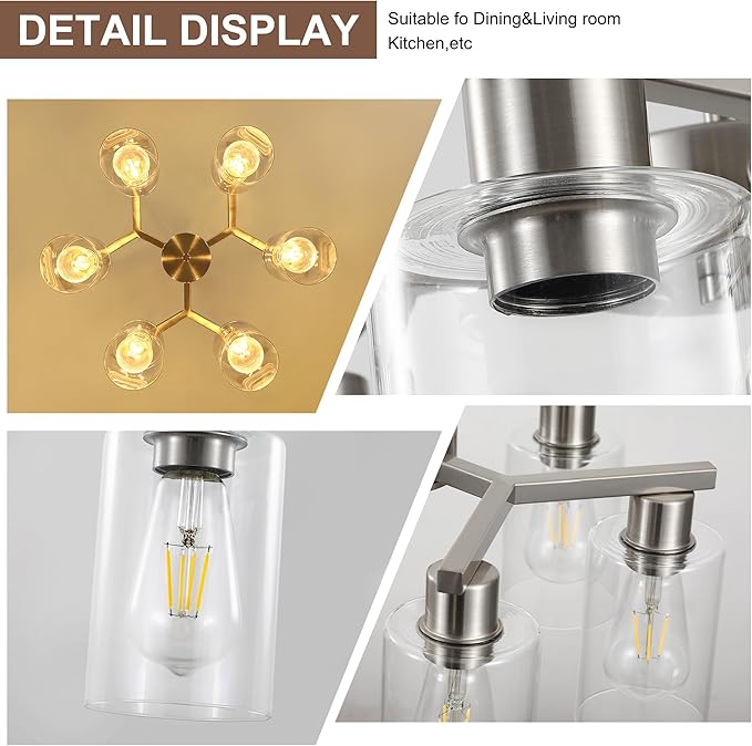 6-Light Modern Farmhouse Brushed Nickel Chandelier, Dining Room Light Fixture Over Table Adjustable Height Hanging Industrial Pendant Lights Kitchen Island, Clear Glass Shade-Ruum Studio Home