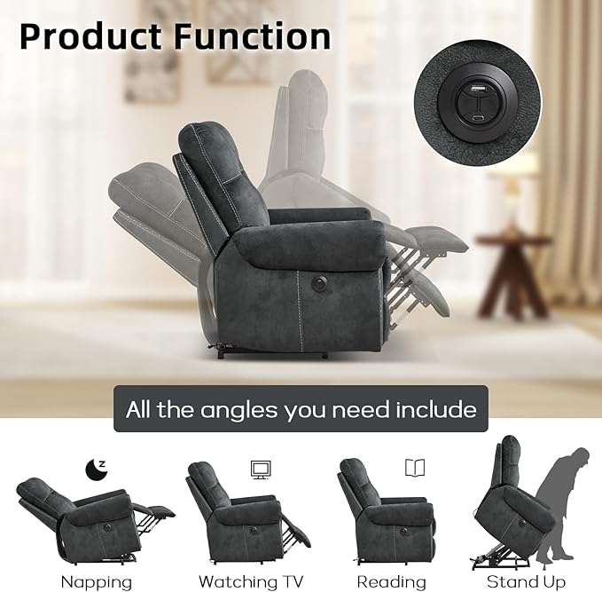 EBELLO Electric Power Recliner Chair with Massage and Heat, Soft Fabric Massage Recliner for Adults, Overstuffed Single Reclining Sofa, Vintage Rivet Mid-Century Design for Living Room, Grey-Ruum Studio Home