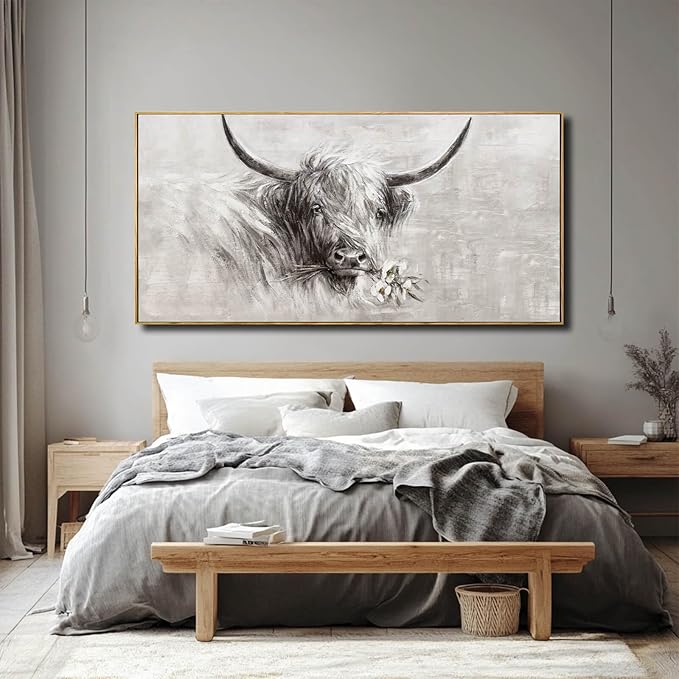 Farmhouse Decor Framed Wall Animal and Flower Artwork Grey Vintage Cow Wall Art with Frame for Living Room Bedroom Dining Room Office 29x58 Inch-Ruum Studio Home