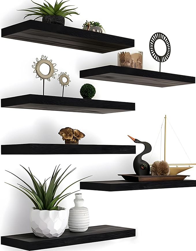Wood Floating Shelves for Wall Decor, Rustic Wall Shelves for Bedroom Bathroom Kitchen Living Room, Set of 6 Black-Ruum Studio Home