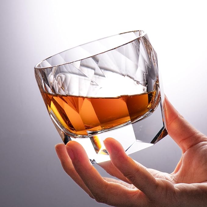KAMMAK Crystal Whiskey Glasses Set of 2, 7.1oz Old Fashioned Glasses Stemless, Hand Blown White Cocktail Glasses, Luxury Handcrafted Cut Ice Ball Cup for Women, Perfect Men Gift for Bourbon-Ruum Studio Home