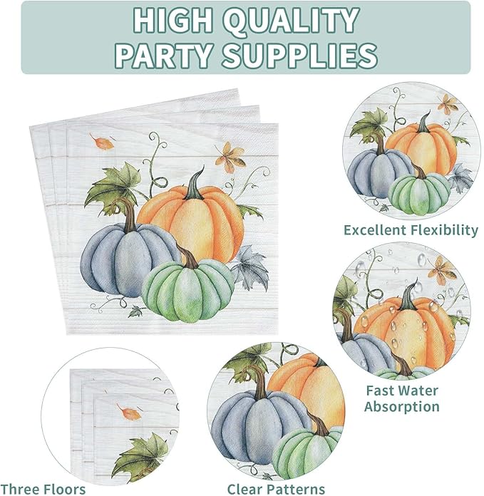 Grencian 200Pcs Fall Plates and Napkins Square Blue Pumpkins Plate Thanksgiving Paper Plates Pumpkin Wood Grain Dinnerware for Baby Shower Fall Harvest Family Thanksgiving Party Decorations, Serves 50-Ruum Studio Home