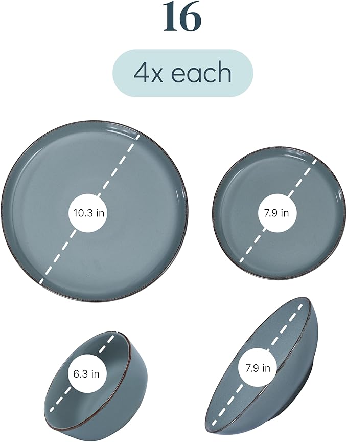 Stoneware dinnerware set 4 persons Rustic 16 pcs - Rustic design dinnerware set, dishwasher safe - Bowl and plate set - Pure Living dinnerware in smoky blue…-Ruum Studio Home