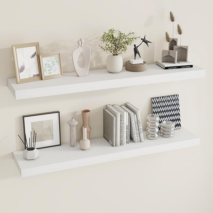 48 inch Floating Shelves for Wall Large Wall Mounted Shelves with Invisible Brackets, White Long Shelves for Bathroom, Living Room, Kitchen, Office, 48x9.1 inch deep Set of 2-Ruum Studio Home