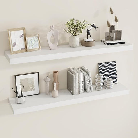 48 inch Floating Shelves for Wall Large Wall Mounted Shelves with Invisible Brackets, White Long Shelves for Bathroom, Living Room, Kitchen, Office, 48x9.1 inch deep Set of 2-Ruum Studio Home