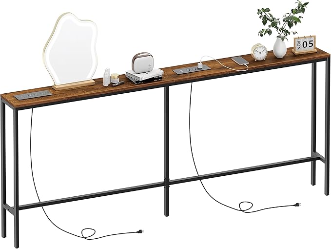 Narrow Sofa Table with 2 Power Outlets, 71” Thin Console Tables Narrow Long, Behind Couch Table Skinny, Wood Console Tables for Entryway, Living Room, Hallway, Foyer, Rustic Brown-Ruum Studio Home