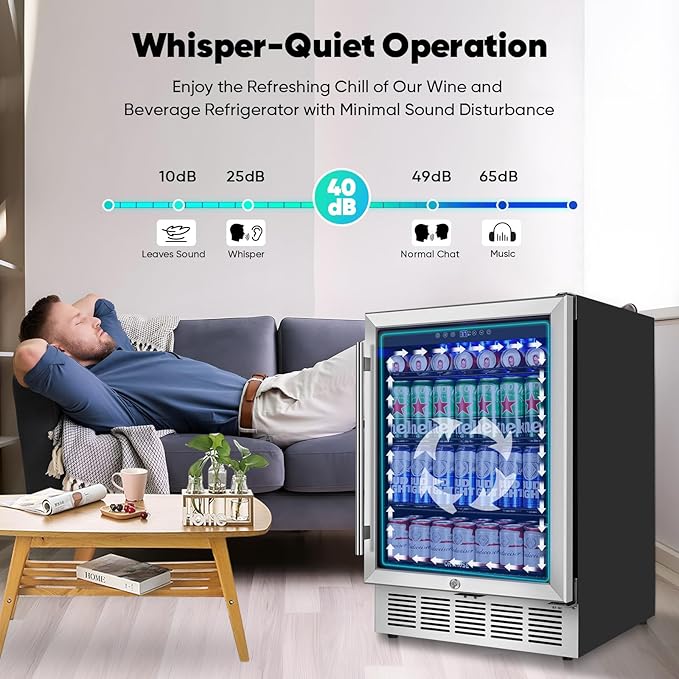 24" Beverage Refrigerator & Cooler, 180 Cans Under Counter Fridge with Lock, Glass Door & Powerful Cooling Compressor - Quiet, Built-in/Freestanding Drink Fridge-Ruum Studio Home