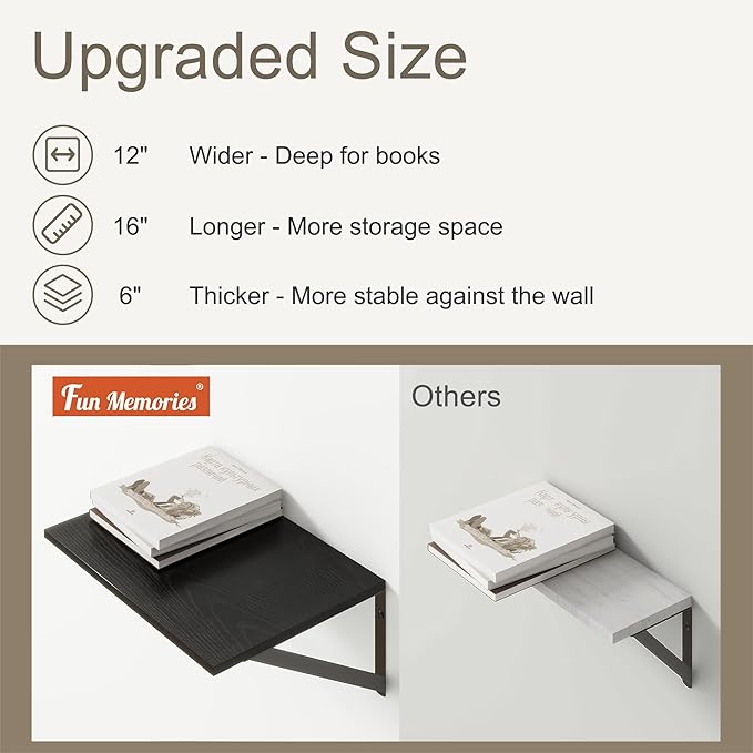 Fun Memories Deep Floating Shelves for Wall, 12 Inch Deep Black Floating Shelves Set of 2, 16" W x 12" D Wall Shelf, Wide Display Ledges Shelves for Bedroom, Bathroom, 12 Deep Bookshelf Wall Mounted-Ruum Studio Home