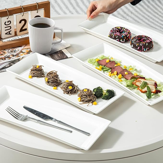 Rectangular Ceramic Serving Platters Set of 4, 14 inch Large Porcelain Serving Plates, White Appetizer Trays, Dishwasher Safe Plates for Steak, Charcuterie, Thanksgiving Turkey, Desserts-Ruum Studio Home
