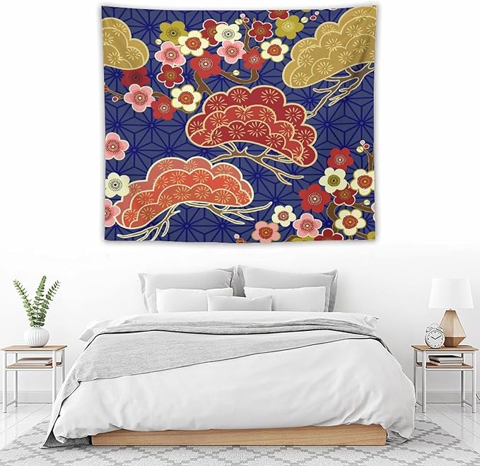HZOHNAGO Japanese Tapestry Art Abstract Colorful Cherry Blossom Blue Background Pattern Printed Wall Tapestry Painting Wall Hanging for Bedroom Living Room Dorm 60" W x 50" H-Ruum Studio Home
