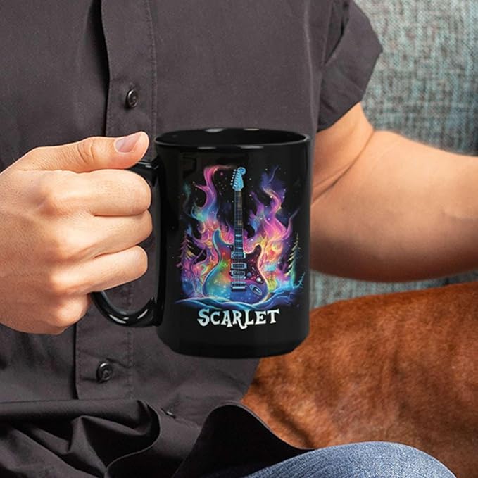 Personalized Electric Guitar Mug 11oz 15oz, Custom Choose Name Coffee Cup, Customized Rock Music Themed Black Mug, Gift For Musicians, Electric Guitar Ceramic Cup With Cosmic Design-Ruum Studio Home
