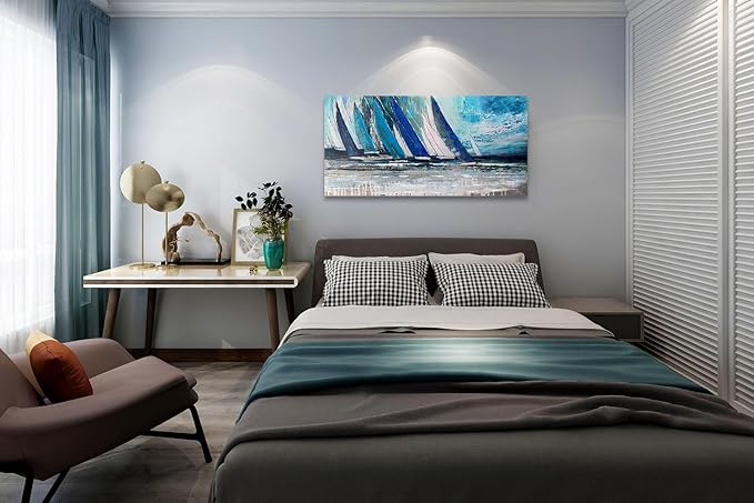 Arjun Blue Abstract Wall Art Canvas Teal Ocean Sailboat Picture Modern Turquoise Coastal Nautical Painting Large 40"x20" Framed Textured Artwork for Living Room Bedroom Bathroom Home Office Wall Decor-Ruum Studio Home