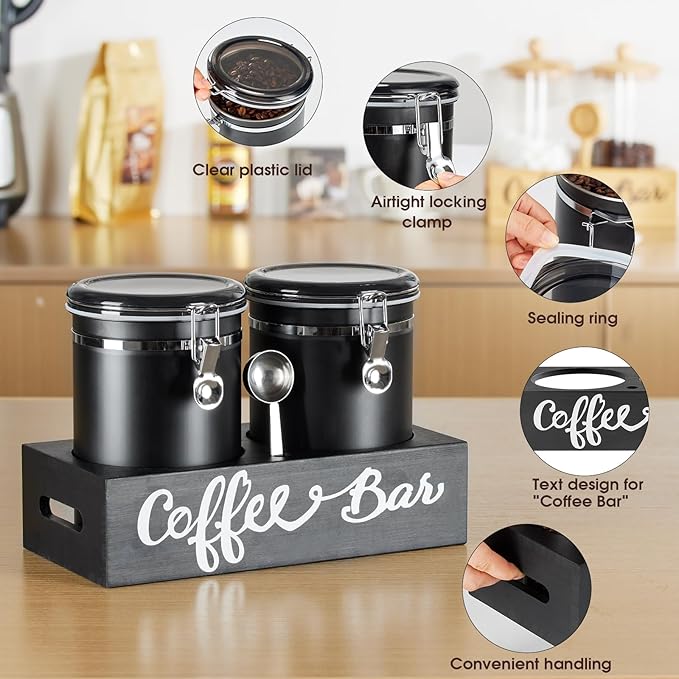 Yangbaga 2 x 63OZ Stainless Steel Coffee Canisters with Handle Shelf, Airtight Locking Clamp & Scoop, Food Storage Jars for Kitchen-Ruum Studio Home