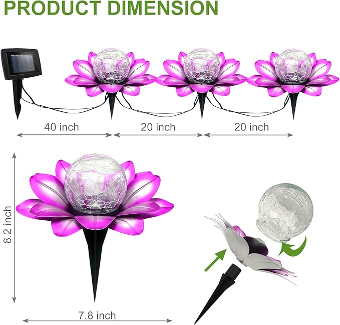 LEWIS&WAYNE Solar Garden Lights Outdoor, 3 Pcs Purple Lotus Flower Pathway Lamps with Cool White Crackle Glass Globe Led Lights for Patio Pathway Yard Balcony Garden Decorations-Ruum Studio Home