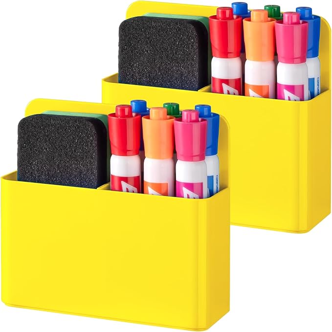 BEYGORM 2 Pack Plastics Magnetic Pen Holder for Refrigerator, Dry Erase Marker Holder for Whiteboard，Magnet School Locker Organizer Accessories, Pencil Cup, Pen Caddy, Classroom Organization(Yellow)-Ruum Studio Home