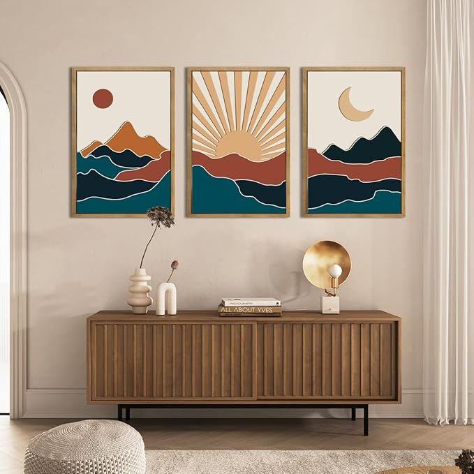 Large Boho Mountain Wall Art Set Modern Abstract Bohemian Wood Wall Decor Colorful Mid Century Neutral Artwork Sun and Moon Art Decor for Living Room Bedroom Office-16x24Inch x3-Ruum Studio Home