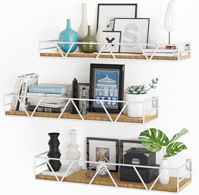 Floating Shelves Set of 3, Home Wood Wall Shelf, Farmhouse Shelf for Bedroom, Wall Mounted Floating Shelf for Living Room, Bedroom, Bathroom, Kitchen, Office (White)-Ruum Studio Home