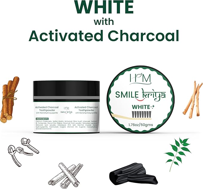 HM - Smile Kriya Ayurvedic Toothpowder Duo (Pack of 2) | Whitens Teeth Naturally, Remineralizes Enamel, Strengthens Gums & Freshens Breath | Activated Charcoal & NanoHydroxyapatite | 1.76 oz X 2-Ruum Studio Home