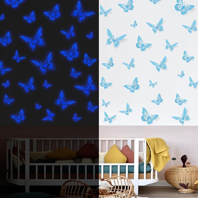SAOROPEB Glow in The Dark 3D Butterfly 24 Pcs 3 Sizes, Luminous Butterfly Stickers for Ceiling or Wall, Glow in The Dark Party Supplies, Removable Luminous Stickers for Kids Babys Nursery (Blue)-Ruum Studio Home