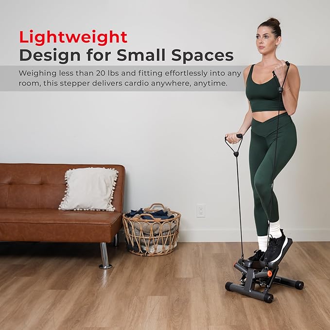 Sunny Health & Fitness Mini Stepper for Exercise at Home, Stair Step Workout Machine with Resistance Band and Over 300lb Weight Capacity, Optional Twist Motion and Free SunnyFit App Connection-Ruum Studio Home