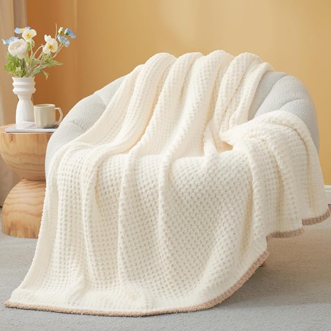 Snuggle Sac Ultra Soft Waffle Throw Blanket for Couch Bed Sofa 50x60 inches, Reversible Cream Blanket Microfiber Fluffy Fuzzy Cozy Knit Throws for Women Mothers Birthday Gifts-Ruum Studio Home