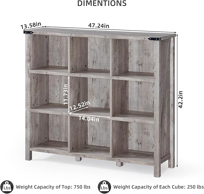 9 Cube Bookcase, Farmhouse 47 Inch Wide Grey Oak Bookshelf, Wooden 3 Tier Display Large Open Book Shelf, Vintage Horizontal Book Case for Home Office, Cubby Storage Cabinet for Living Room-Ruum Studio Home