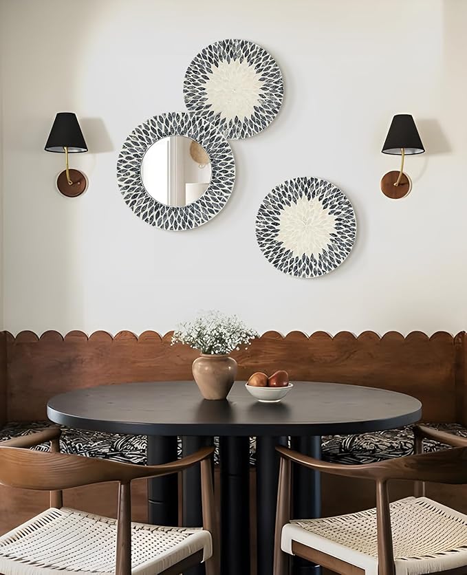 Natural Mother of Pearl Mirror Wall Decor for Bedroom Bathroom, 3PCS Geometric Wall Art Modern Home Office, Handmade Mosaic Art Circle Sculptures for Kitchen Living Dining Room (Black White)-Ruum Studio Home