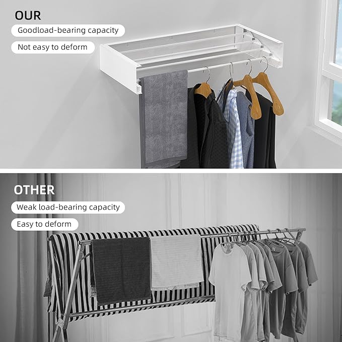 Wall Mounted Drying Rack for Laundry 23.6'', Folding Drying Rack Clothing Wall Mount with 4 Rods, Space Saving for Indoor Outdoor Bathroom Balcony (White, 23.6'')-Ruum Studio Home