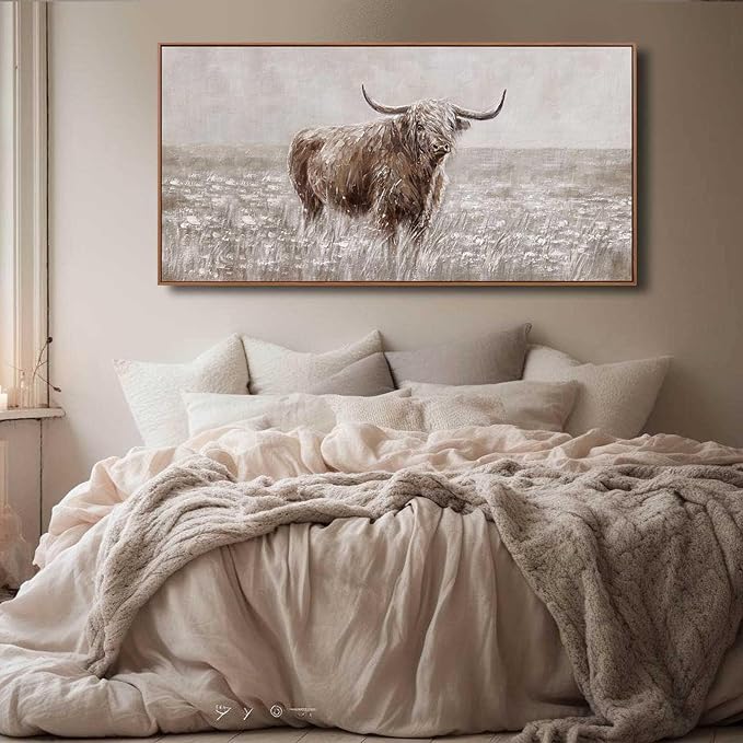 MLART99 Vintage Brown Highland Cow Painting Farmhouse Wall Art with Frame Country Decor Animal Poster for Living Room Bedroom Decor Ready to Hang 24x48-Ruum Studio Home